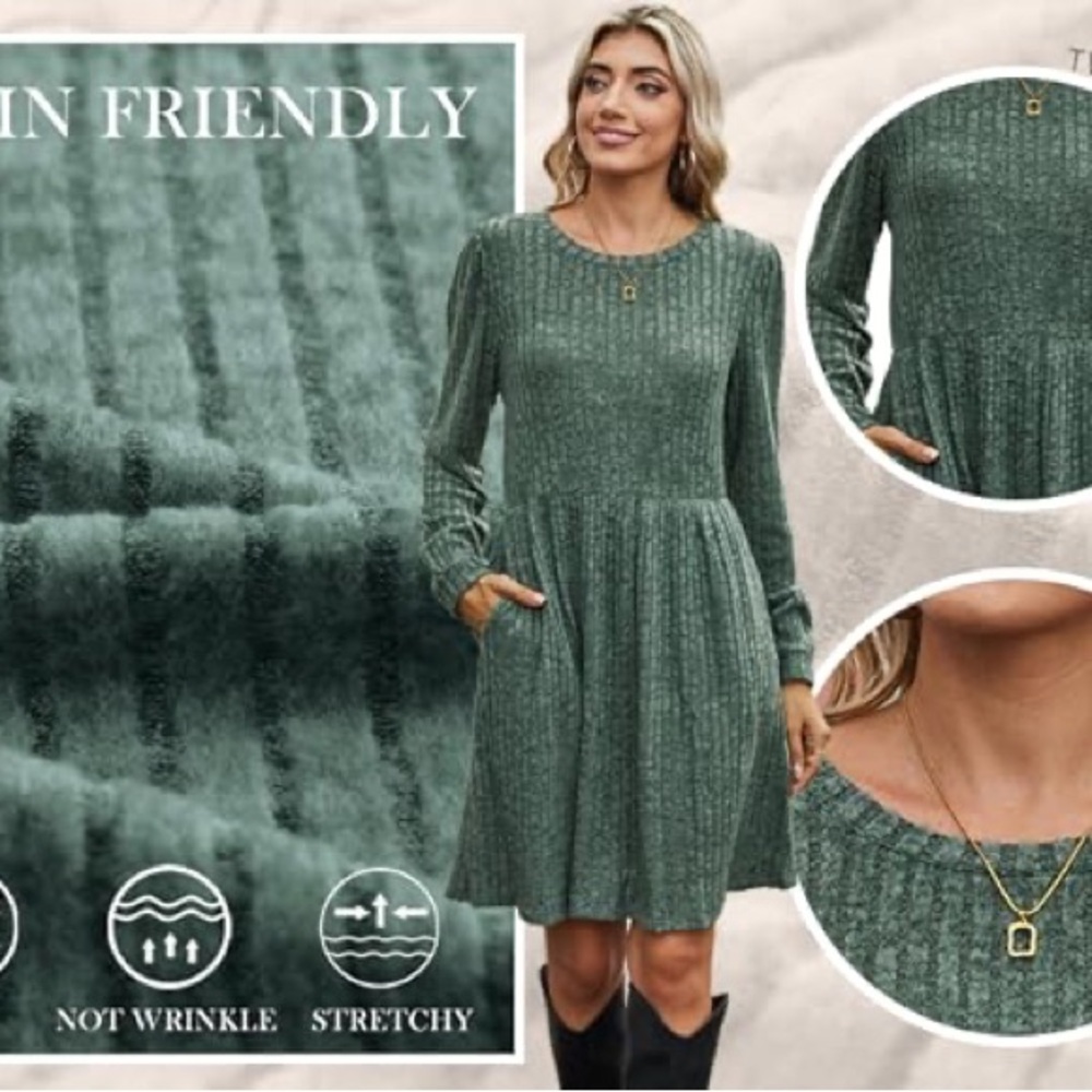 New OFEEFAN Women’s Green Crew Neck Long Sleeve Knit Sweater Dresses Size L